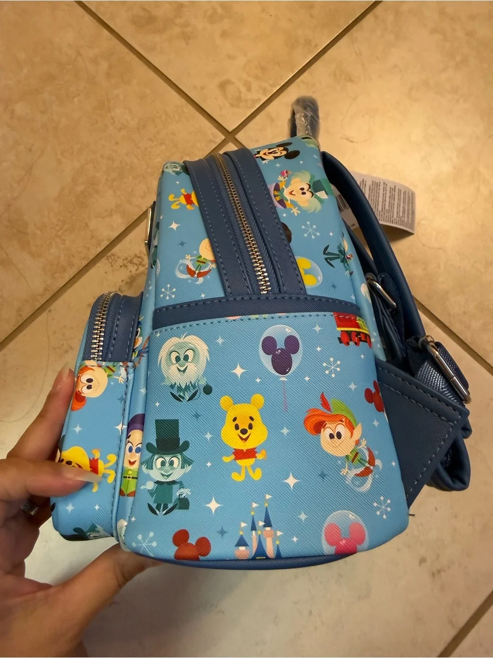 Disney Loungefly Light Blue Backpack with Minnie, Mickey & Park Icons